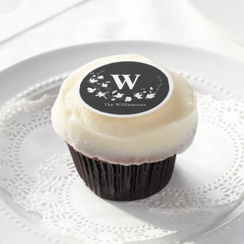 Classic Monogram Name Black White Floral Wreath  Edible Frosting Rounds