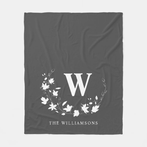 Classic Monogram Name Black White Floral Wreath  Fleece Blanket