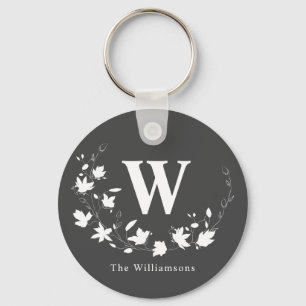 Classic Monogram Name Black White Floral Wreath Keychain