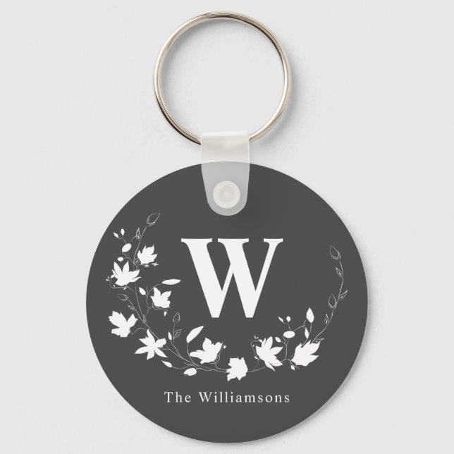 Classic Monogram Name Black White Floral Wreath  Keychain (Front)