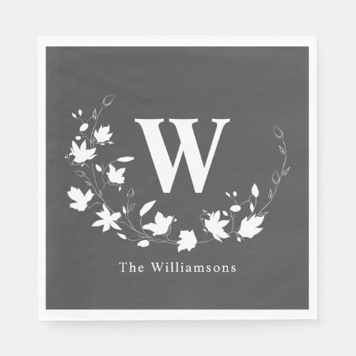 Classic Monogram Name Black White Floral Wreath   Napkins