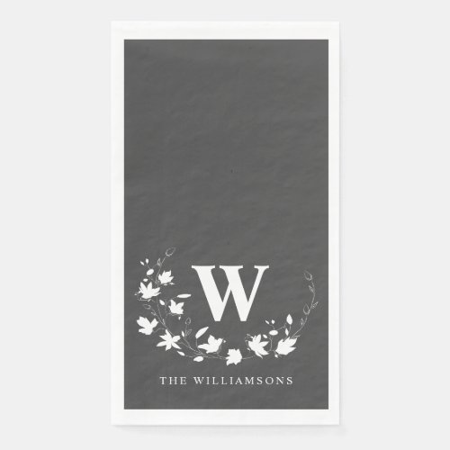 Classic Monogram Name Black White Floral Wreath Paper Guest Towels