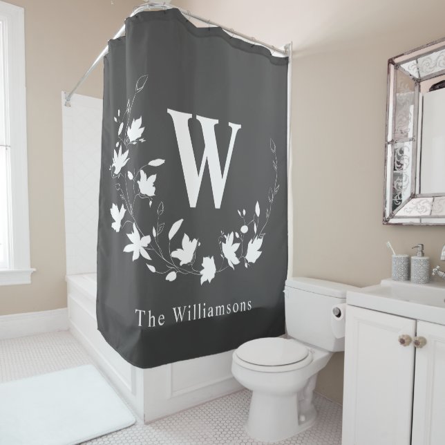 Classic Monogram Name Black White Floral Wreath    Shower Curtain (In Situ)