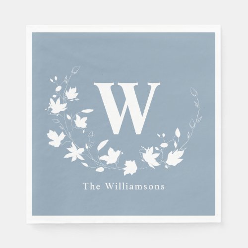 Classic Monogram Name Floral Wreath in Dusty Blue Napkins