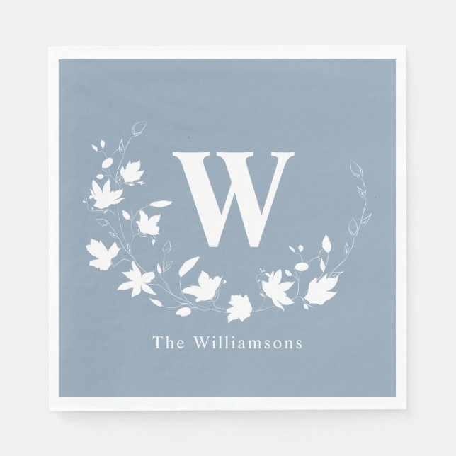 Classic Monogram Name Floral Wreath in Dusty Blue Napkins (Front)