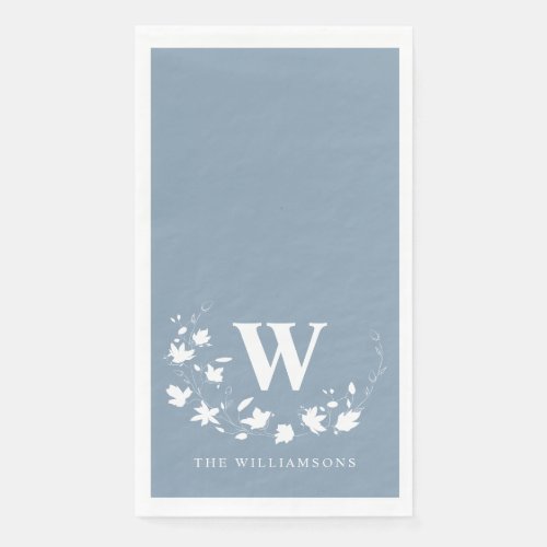 Classic Monogram Name Floral Wreath in Dusty Blue  Paper Guest Towels