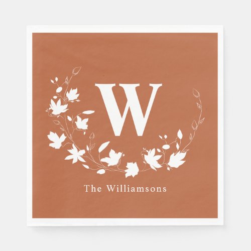 Classic Monogram Name Floral Wreath in Rust Napkins