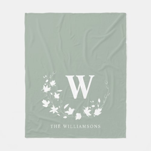 Classic Monogram Name Floral Wreath in Sage Green Fleece Blanket