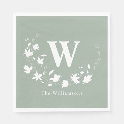 Classic Monogram Name Floral Wreath in Sage Green Napkins