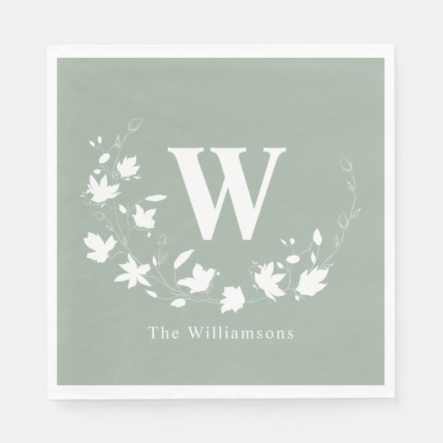 Classic Monogram Name Floral Wreath in Sage Green Napkins (Front)