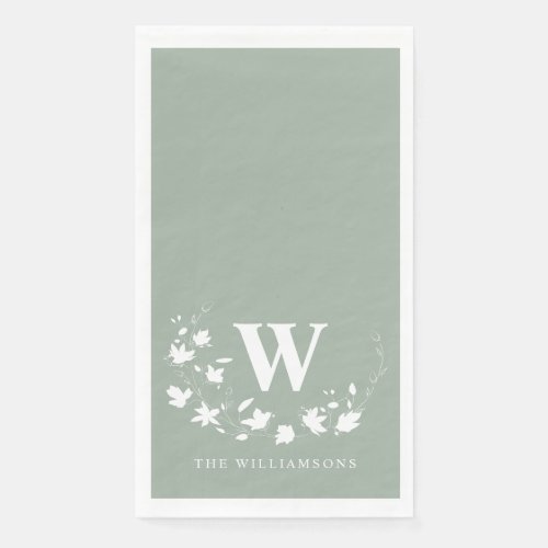 Classic Monogram Name Floral Wreath in Sage Green Paper Guest Towels
