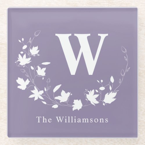 Classic Monogram Name Lilac Floral Wreath Custom Glass Coaster