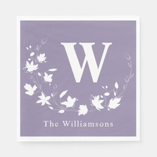 Classic Monogram Name Lilac Floral Wreath Custom  Napkins