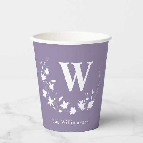 Classic Monogram Name Lilac Floral Wreath Custom  Paper Cups