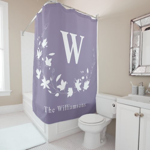 Classic Monogram Name Lilac Floral Wreath Custom Shower Curtain