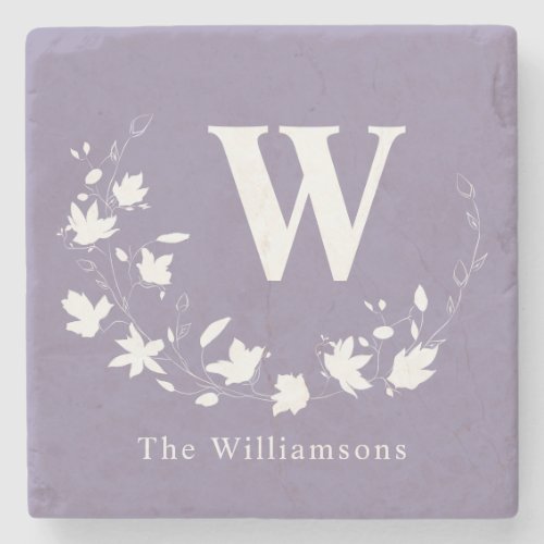 Classic Monogram Name Lilac Floral Wreath Custom Stone Coaster