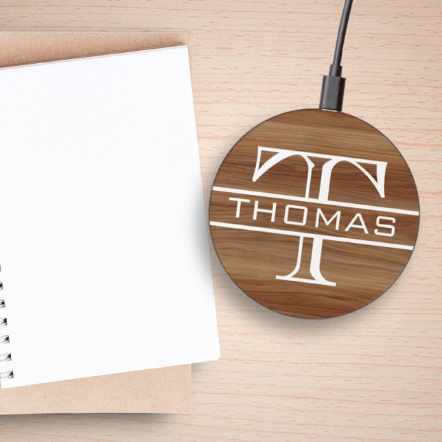 Classic Monogram name Personalized Wood Look Wireless Charger (Creator Uploaded)