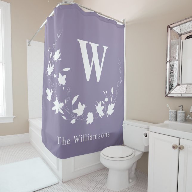 Classic Monogram Name Stylish Purple Floral Custom Shower Curtain (In Situ)