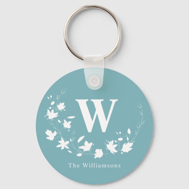 Classic Monogram Name Teal Floral Wreath Custom  Keychain (Front)