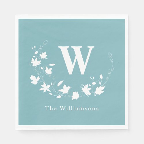 Classic Monogram Name Teal Floral Wreath Custom  Napkins