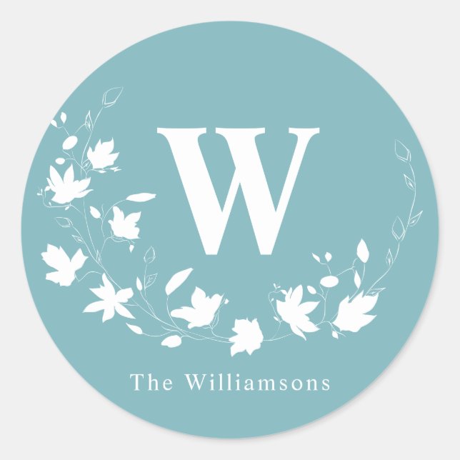 Classic Monogram Name Teal Floral Wreath Custom Round Sticker (Front)
