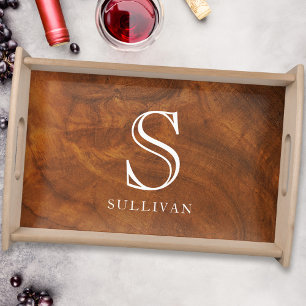 Classic Monogram Name Wood Grain Serving Tray