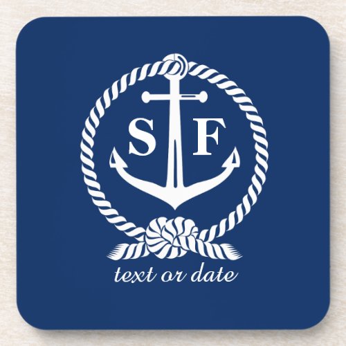 Classic Monogram Nautical Blue Anchor Beach Boat Beverage Coaster
