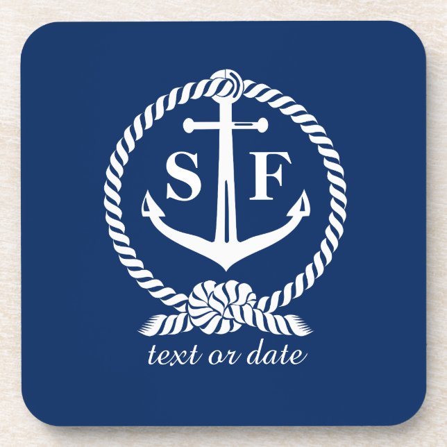 Classic Monogram Nautical Blue Anchor Beach Boat Beverage Coaster (Front)