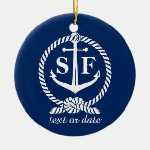 Classic Monogram Nautical Blue Anchor Beach Boat Ceramic Ornament