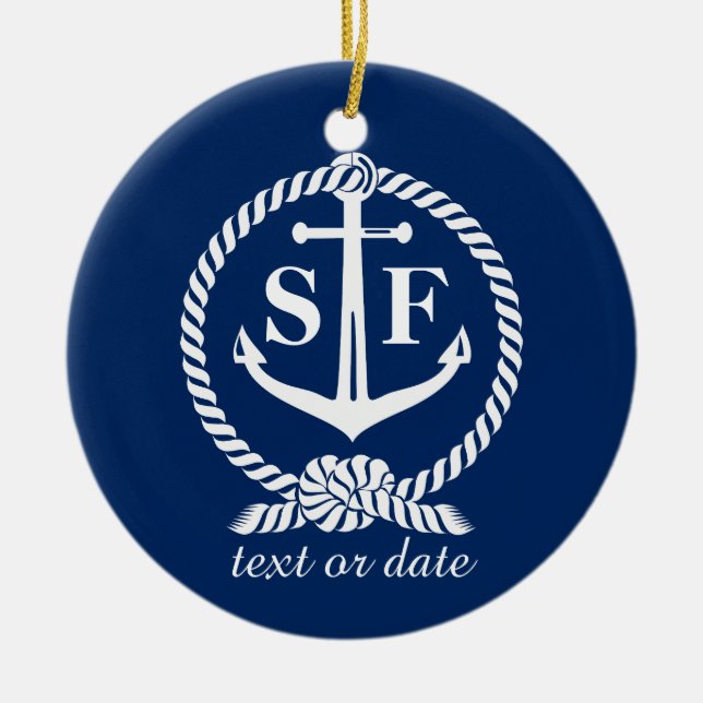 Classic Monogram Nautical Blue Anchor Beach Boat Ceramic Ornament (Front)
