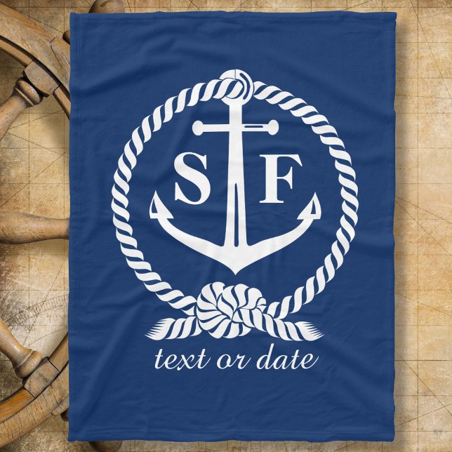 Classic Monogram Nautical Blue Anchor Beach Boat Fleece Blanket (Creator Uploaded)