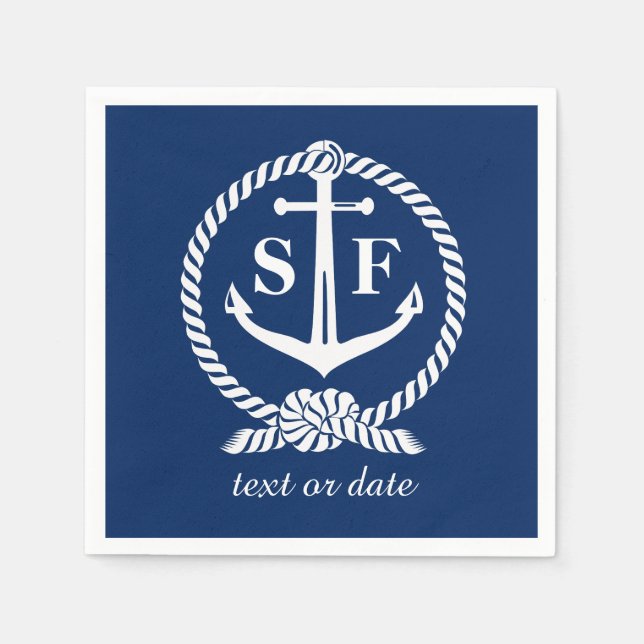 Classic Monogram Nautical Blue Anchor Beach Boat Paper Napkins (Front)
