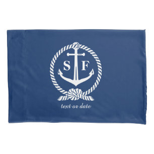 Classic Monogram Nautical Blue Anchor Beach Boat Pillowcase