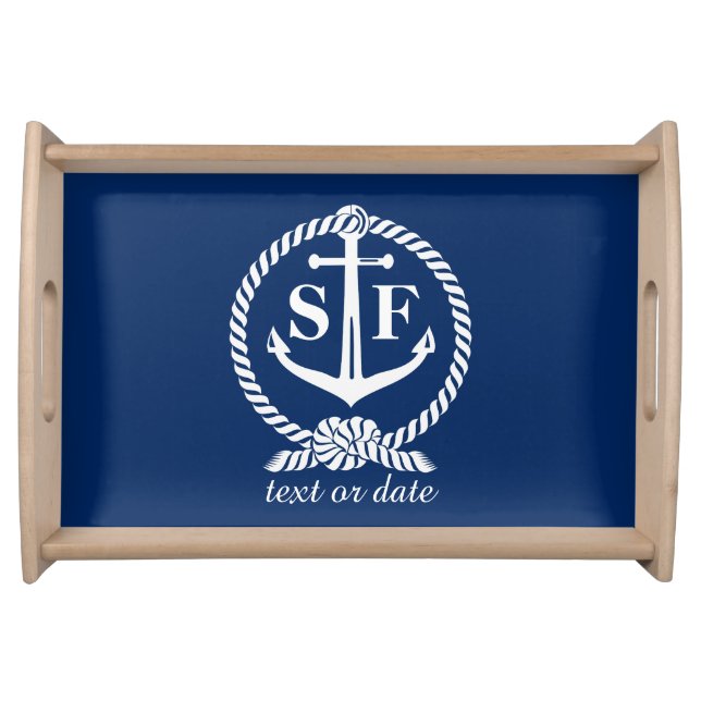 Classic Monogram Nautical Blue Anchor Beach Boat Serving Tray (Front)