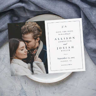 Classic Monogram Navy Blue and White Wedding Photo Save The Date