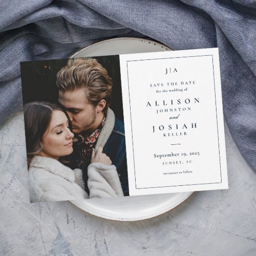 Classic Monogram Navy Blue and White Wedding Photo Save The Date