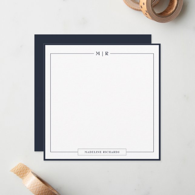 Classic Monogram Navy Blue Border Stationery Note Card (Front/Back In Situ)