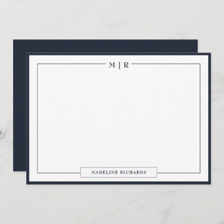 Classic Monogram Navy Blue Border Stationery Note Card