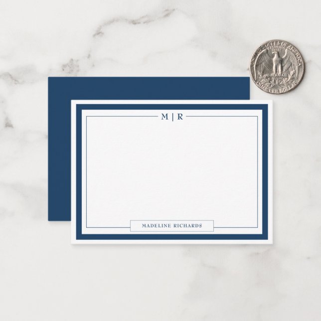 Classic Monogram Navy Blue Border Stationery Note Card (Front/Back In Situ)