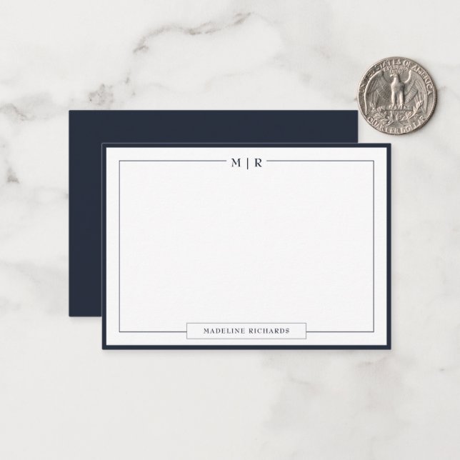 Classic Monogram Navy Blue Border Stationery Note Card (Front/Back In Situ)