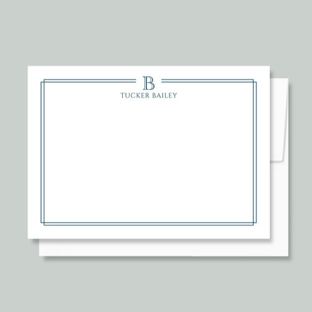 Classic Monogram Navy Blue Border Stationery Note Card (Creator Uploaded)