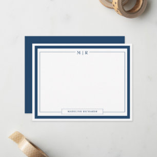 Classic Monogram Navy Blue Border Stationery Note Card