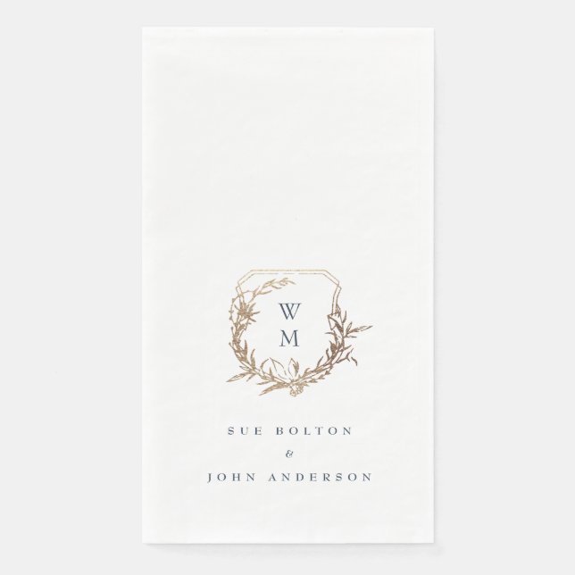 classic monogram navy blue gold motif crest paper guest towels (Front)