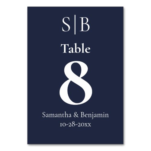 Classic Monogram Navy Blue Wedding Table Number