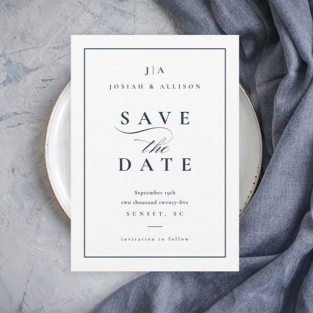 Classic Monogram Non Photo Navy Blue Wedding Save The Date (Elegant Simple Typography Navy Blue Wedding Save the Date.)