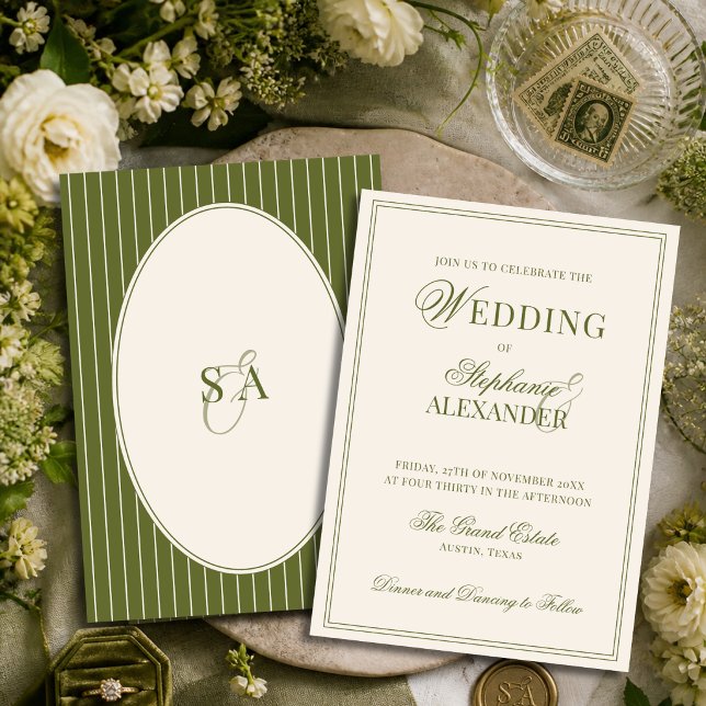 Classic Monogram Old Money Olive Green Wedding Invitation (Creator Uploaded)