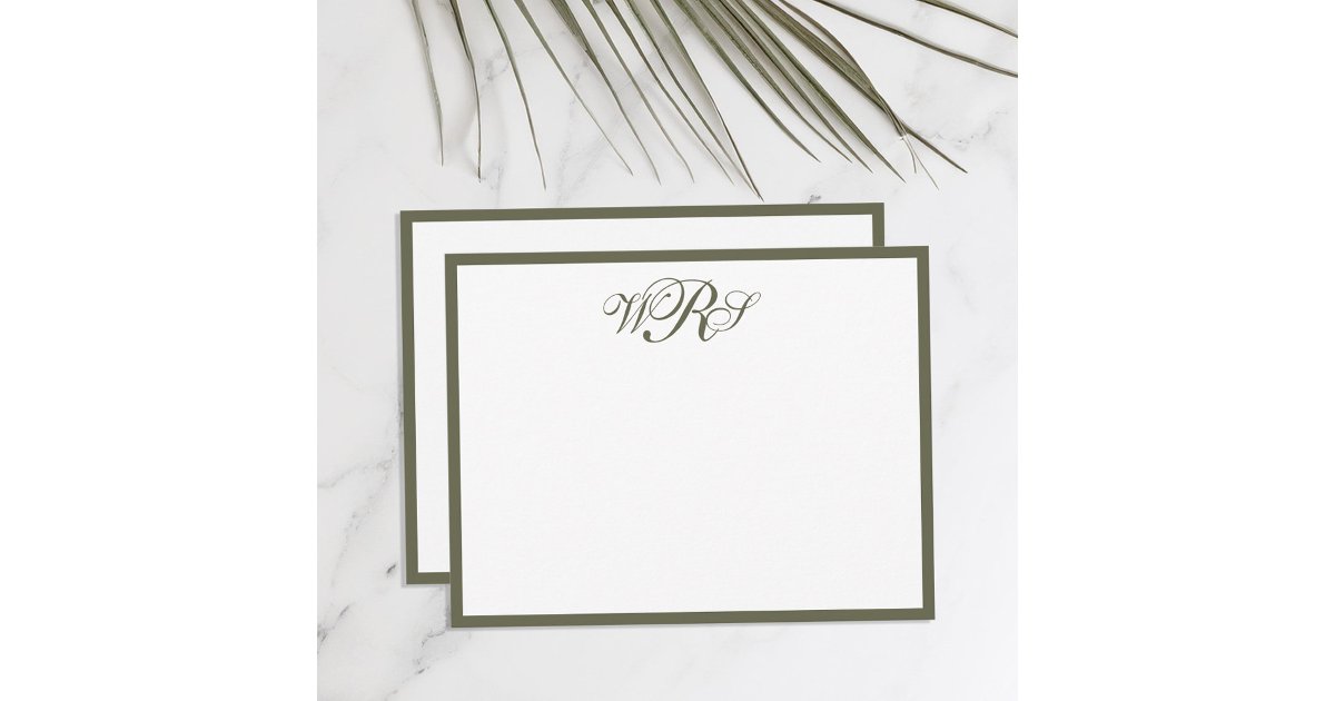 Classic Monogram Olive Green Note Card | Zazzle