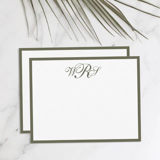 Classic Monogram Olive Green Note Card | Zazzle