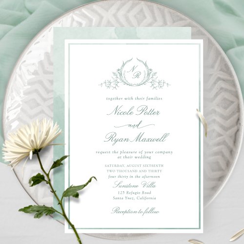 Classic Monogram Pale Green Watercolor Wedding Invitation
