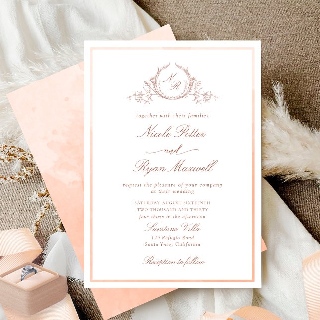 Classic Monogram Peach Watercolor Wedding Invitation (Creator Uploaded)